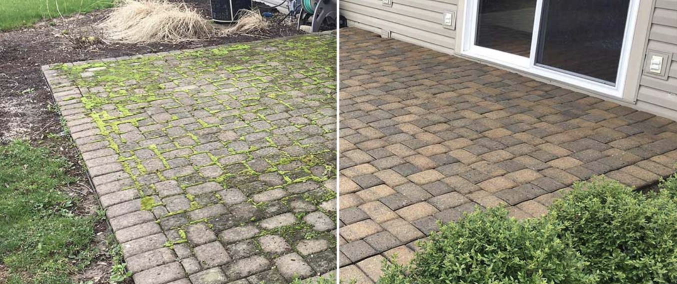 Before and after patio paver cleaning — moss and algae removal