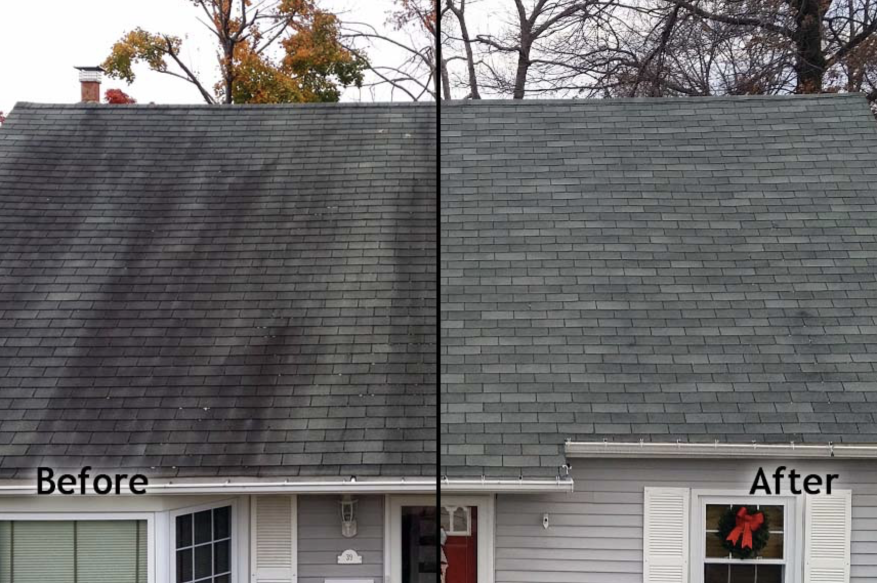 Before and after roof cleaning — black streak removal